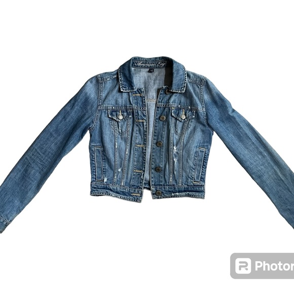 American Eagle Denim Jeans Jacket Blue Cropped Distressed XS - Picture 2 of 10
